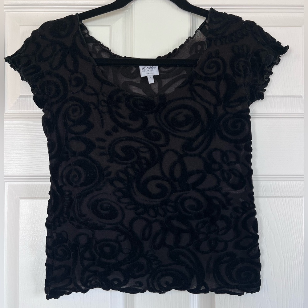 Armani Collezioni sheer top with velvet, size S